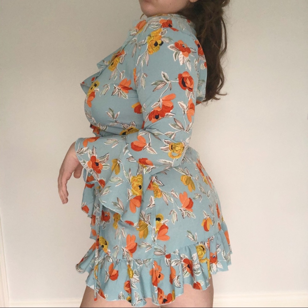 Pretty Little Thing Blue & Orange Floral Ruffle Wrap Dress - Picture 9 of 10